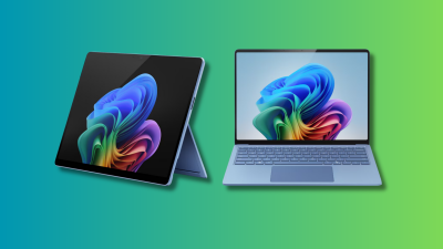 Surface Pro and Surface Laptop Copilot+ PC on a teal and green gradient background.